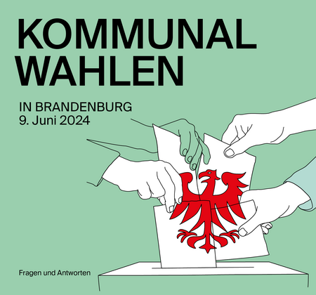 Das Bild zeigt das Cover der Broschüre zu den Kommunalwahlen. Darauf zu sehen ist eine Illustration (vier Hände stecken Zettel in eine Wahlurne). Zudem steht darauf geschrieben: Kommunalwahlen in Brandenburg am 9. Juni 2024. Fragen und Antworten. 