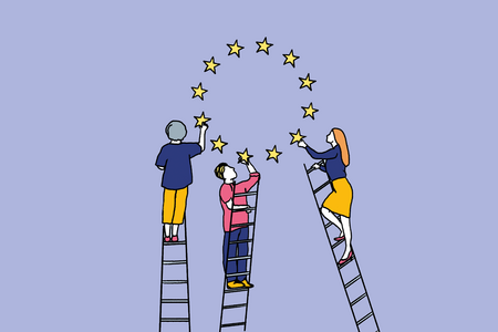 Illustration zur Europäischen Union. Drei Menschen auf einer Leiter erreichen die Sterne der Europa-Flagge
