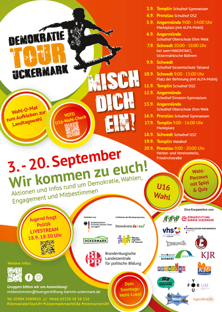Screenshot vom Plakat der Demokratie-Tour 2024 mit dem Wahl-O-Mat zum Aufkleben in der Uckermark