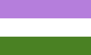 Genderqueer Pride-Flagge, 2011 entworfen von Marilyn Roxie:[3] - lavendel für androgyn, queer (m↔w) - weiß für Ungeschlechtliche (agender) - grün für Personen außerhalb der Binärität