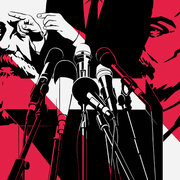 Illustration mit einem Mann am Rednerpult. Im Hintergrund Köpfe der führenden Theoretiker des Marxismus-Leninismus