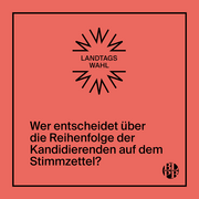 Auf einer bunten Kachel steht die Frage "Wer entscheidet über die Reihenfolge der Kandidierenden auf dem Stimmzettel?" 