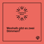 Auf einer bunten Kachel steht die Fragen "Weshalb gibt es zwei Stimmen?". Darüber steht das Wort "Landtagswahl". 