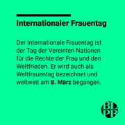 Eine Kachel, mit einer kurzen Erklärung zum Internationalen Frauentag.