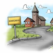 Die Illustration zeigt ein Dorf. Auf dem Orteingangsschild steht "Brandenburg".