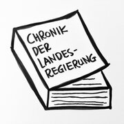 Ein gemaltes Buch mit der Aufschrift "Chronik der Landesregierung"