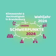 Auf türkisem Untergrund steht geschrieben: Schwerpunkte 2024 - Klimawandel und Nachhaltigkeit und Wahljahr 2024.