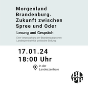 Ein Kalenderblatt. Darauf der Hinweis auf die Veranstaltung "Morgenland Brandenburg. Zukunft zwischen Spree und Oder" der Landeszentrale am 17.01.2024 um 18 Uhr.
