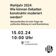Ein Kalenderblatt. Darauf steht der Hinweis auf der Netzwerktreffen für freie Träger der politischen Bildung in Brandenburg am 15.02.2024 in der Landeszentrale.