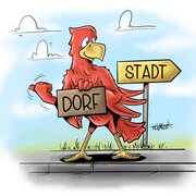 Illustration. Diese zeigt einen roten Adler der an einem Wegweiser steht. Ein Schild trägt die Aufschrift "Stadt", das andere die Aufschrift "Dorf". 