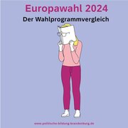Eine Illustration. Ein Person steht da, hält sich ein Buch vor das Gesicht. An dem Buch klemmt eine Brille. Darüber steht: "Europawahl 2024. Ein Wahlprogrammvergleich".