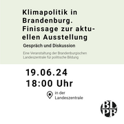 Ein Kalenderblatt. Darauf der Hinweis auf die Veranstaltung "Klimapolitik in Brandenburg. Finissage zur aktuellen Ausstellung" am 19.06.2024 um 18 Uhr in der Landeszentrale. 