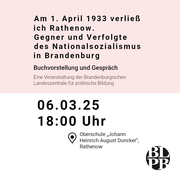  Eine Kalenderkachel. Darauf der Hinweis auf die Vorstellung des Buchs "Am 1. April 1933 verließ ich Rathenow. Gegner und Verfolgte des Nationalsozialismus in Brandenburg" am 06.03.2025 um 18 Uhr in Rathenow.