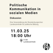 Eine Kalenderkachel mit dem Hinweis auf die Veranstaltung "Politische Kommunikation in sozialen Medien" am 11.03.2025 um 18 Uhr in der Landeszentrale.