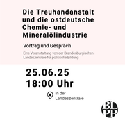 Eine Kalenderkachel. Darauf steht der Hinweis auf die Veranstaltung "Die Treuhandanstalt und die ostdeutsche Chemie- und Mineralölindustrie" am 25.06.2025 um 18 Uhr in Landeszentrale.