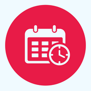 Eine rote Kuller. Darauf ein Icon, das sich aus einem Kalender und einer Uhr zusammensetzt.