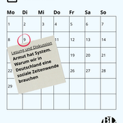 Ein Kalenderblatt für Dezember 2025. Darauf ein Notizzettel mit dem Hinweis auf die Veranstaltung " Armut hat System. Warum wir in Deutschland eine soziale Zeitenwende brauchen" am 9.12.2025 um 18 Uhr in der Landeszentrale. 