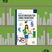 Im Hintergrund die Illustration eines Bücherregals. Im Vordergrund das Cover des Buchs „Rechtswissen für junge Menschen. Ein Guide für viele Lebenssituationen“ von Andreas Gran. 