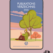 Ein Tablet - dieses zeigt das Cover des Publikationsverzeichnisses 2026 der Landeszentrale.