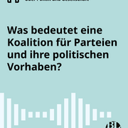 Eine Textkachel. Darauf steht die nachfolgende Frage: "Was bedeutet eine Koalition für Parteien und ihre politischen Vorhaben?"