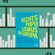Im Hintergrund die Illustration eines Bücherregals. Im Vordergrund das Cover des Buchs Rechtspopulismus in Europa von Ernst Hilleband.