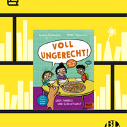 Im Hintergund die Illustration eines Bücherregals. Im Vordergrund das Buch "Voll ungerecht! Über Fairness und Gerechtigkeit" von Assata Frauhammer und Meike Töpperwien.