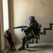 Ukrainischer Soldat mit Gewehr in einem Haus am Fenster