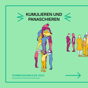 Eine Illustration. Diese zeigt eine Gruppe Menschen gemeinsam einen Turm bauen. Darüber steht kumulieren und panaschieren. 