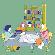 Illustration zum Thema Beutelsbacher Konsens: Mehrere Menschen sitzen an einem Tisch und interagieren miteinander. 