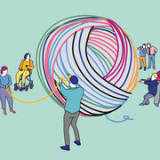 Illustration "Demokratie verstehen": Viele Menschen ziehen an einem Wollknäuel.