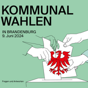 Das Bild zeigt das Cover der Broschüre zu den Kommunalwahlen. Darauf zu sehen ist eine Illustration (vier Hände stecken Zettel in eine Wahlurne). Zudem steht darauf geschrieben: Kommunalwahlen in Brandenburg am 9. Juni 2024. Fragen und Antworten. 