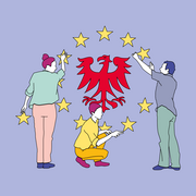 Ein Illustration. Diese zeigt drei Personen, die Sterne um den Brandenburg Adler platzieren. 