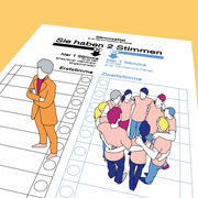 Eine Illustration. Diese zeigt einen Stimmzettel. Auf der Spalte "Erststimme" steht eine Person, auf der Spalte "Zweitstimme" steht eine Gruppe von Personen. 