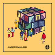 Eine Illustration. Diese zeigt einen bunten Zauberwürfel mit dem Bundesadler. Vor dem Würfel stehen Menschen.
