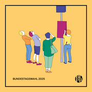 Eine Illustration. Sie zeigt einen Pfahl an dem eine Person Plakate befestigt. Vor dem Mast stehen drei Personen, die die Plakate betrachten. 