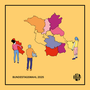 Eine Illustration. Diese zeigt den Umriss des Landes Brandenburg. Davor stehen drei Personen.