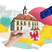 Eine Collage. Diese zeigt ein Rathaus, das Brandenburger Wappen, die Flagge der EU, den Bundesadler und eine Hand mit einem Stift, die ein Kreuz auf einem Zettel setzt. 