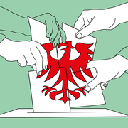 Illustration zu den Kommunalwahlen in Brandenburg. Viele Hände an einem Stimmzettel mit dem Brandenburg-Adler in der Mitte