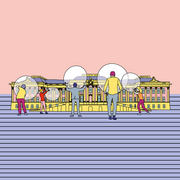 Eine Illustration. Diese zeigt den brandenburgischen Landtag. Davor stehen Menschen, mit großen Seifenblasen.