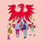 Eine Illustration. Diese zeigt den Brandenburger Adler. Davor stehen Menschen. 
