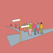 Illustration zum Thema Parteien: Verschiedene Menschen stehen an einem Wegweiser und suchen nach Orientierung