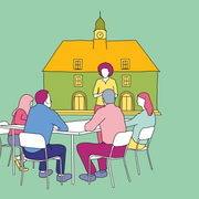 Illustration zur Kommunalpolitik. Bürgerbeteiligung vor dem Rathaus