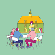 Eine Illustration. Fünf Personen sitzen und stehen an einem Tisch, der vor einem Rathaus steht.
