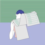 Eine Illustration. Diese zeigt eine Person, die einen sehr langen Wahlzettel betrachtet.