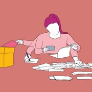 Illustration einer Wahlhelferin mit vielen Stimmzetteln