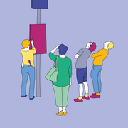 Eine Illustration. Diese zeigt vier Personen, die vor einem Mast stehen, an dem bunte Plakate hängen, und diese Plakate betrachten. 