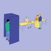 Eine Illustration. Diese zeigt eine Person, die in einer Wahlkabine steht, daneben zwei Tische an denen zwei Personen sitzen. Vor dem Tisch steht eine Wahlurne, in die eine weitere Person gerade ihren Stimmzettel wirft.