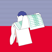 Eine Illustration. Eine Person hält einen Stimmzettel in der Hand und schaut sich diesen an. 