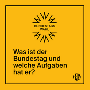 Auf einen Kachel steht die Frage "Was ist der Bundestag und welche Aufgaben hat er?"