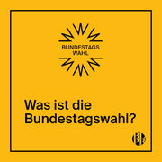 Eine gelbe Kachel, darauf steht die Frage "Was ist die Bundestagswahl"?